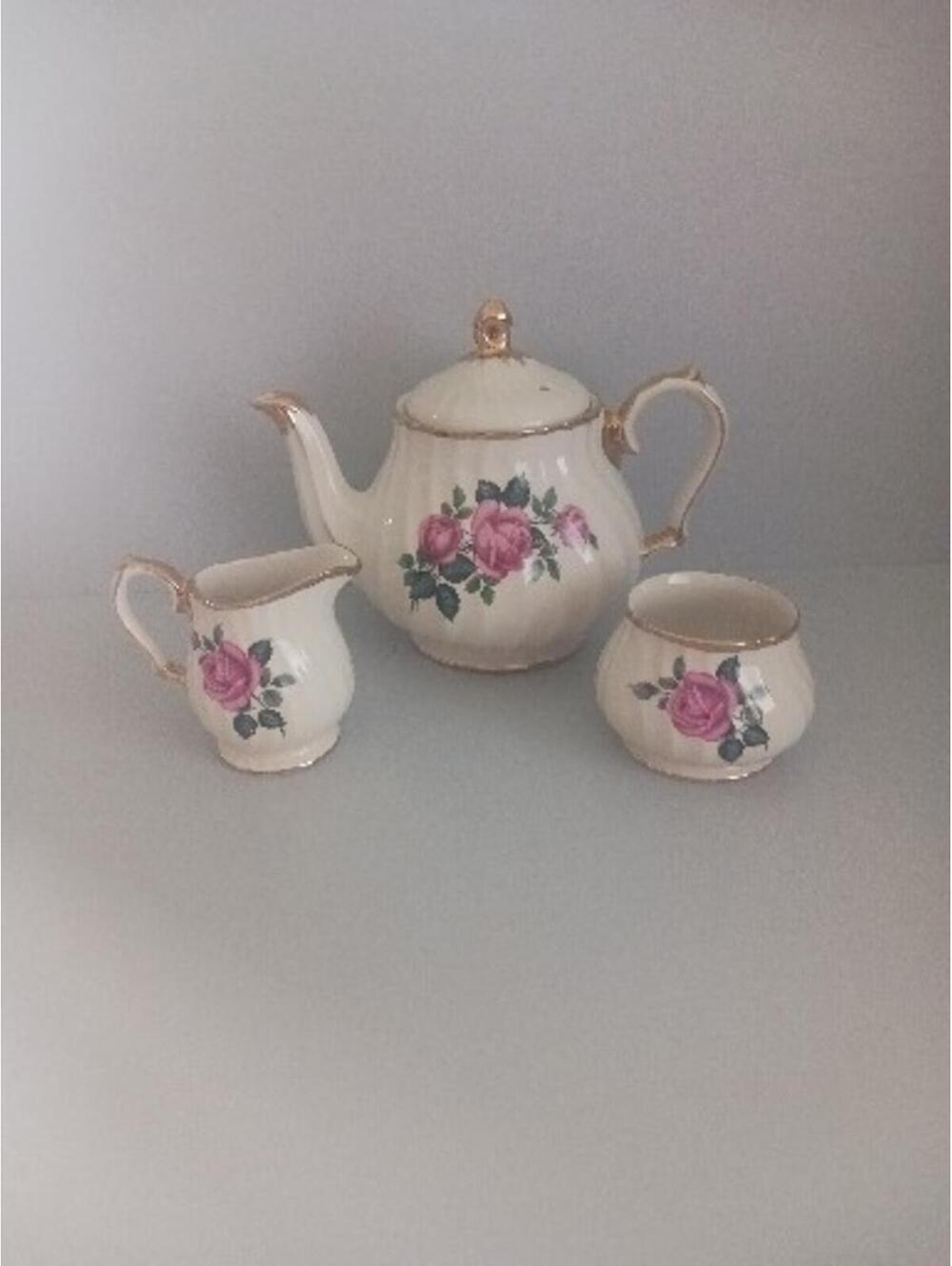 Sadler Pink Roses Swirl Gold Trim Teapot Creamer Open Sugar